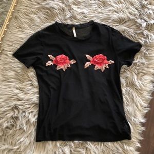 LF Black mesh tee with rose patches